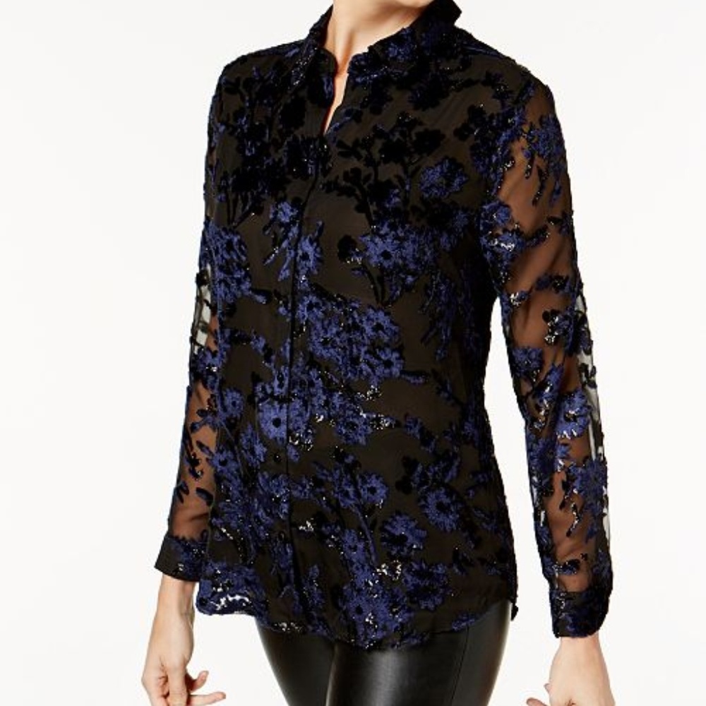 Charter Club Flocked Button Down Blouse Top